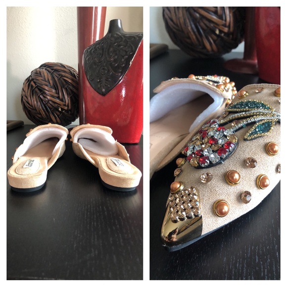 Cherry Rhinestone Khaki Metal Pointed Closed Toe Loafers - Picture 13 of 17